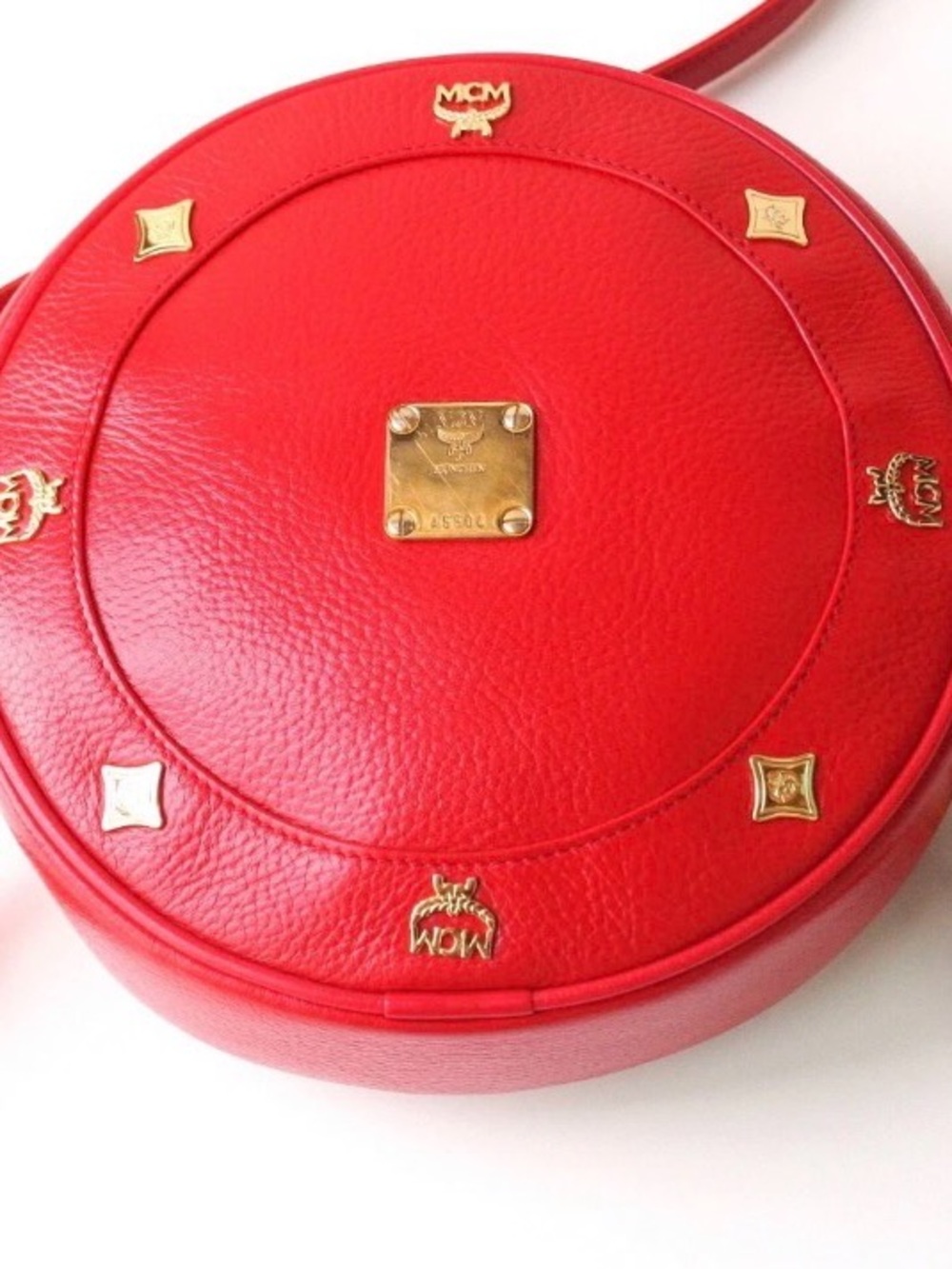 MCM Round Red Leather Crossbody with Gold Hardware